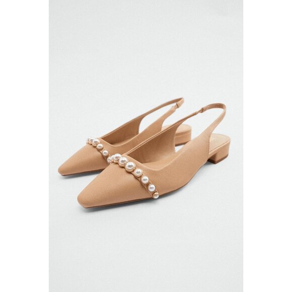 ZARA Tan Beige Leather Pearl Trim Pointed Toe Slingback Ballet Flats, Size 37 - Picture 13 of 14